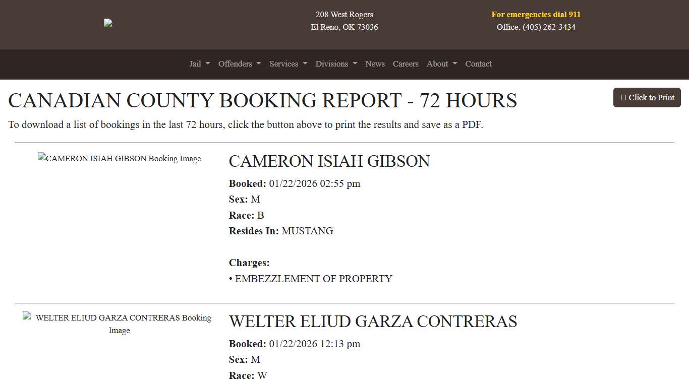 72 Hour Booking Report Canadian County Sheriff's Office